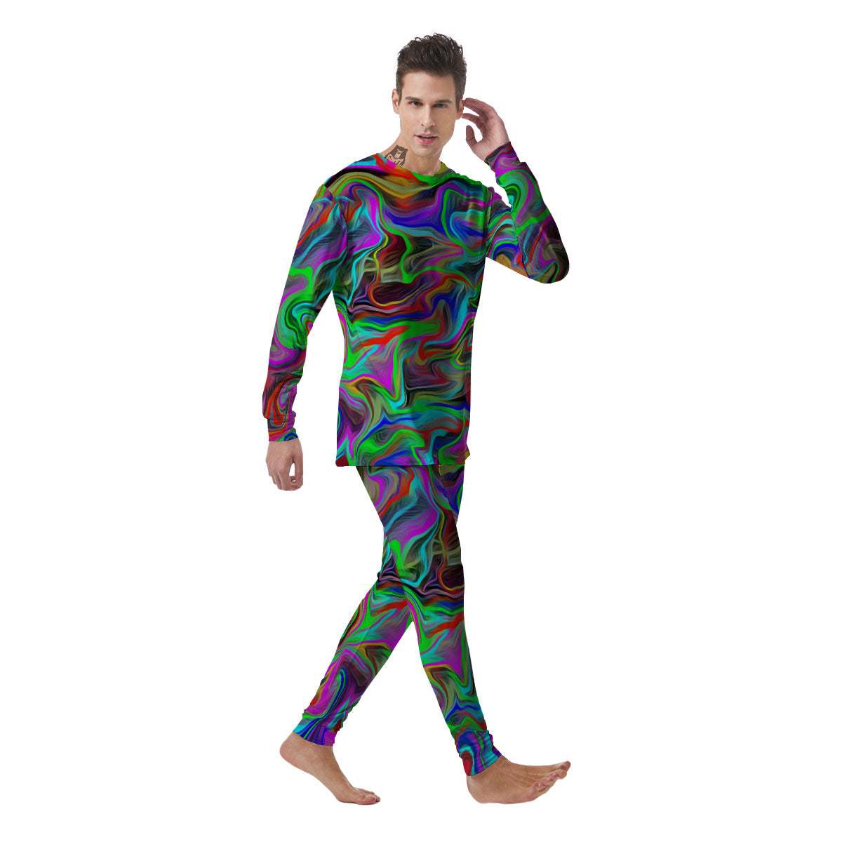 Psychedelic Trippy Neon Green Print Men's Pajamas-grizzshop