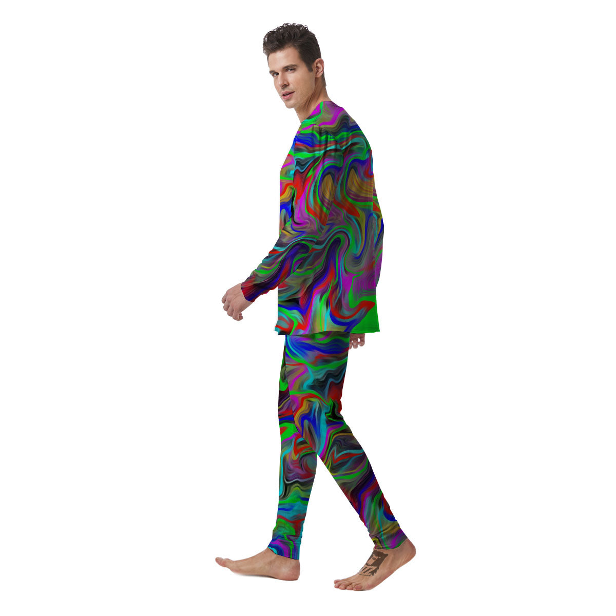 Psychedelic Trippy Neon Green Print Men's Pajamas-grizzshop