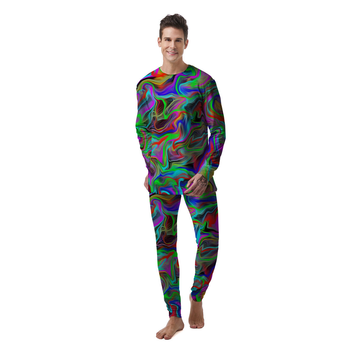 Psychedelic Trippy Neon Green Print Men's Pajamas-grizzshop