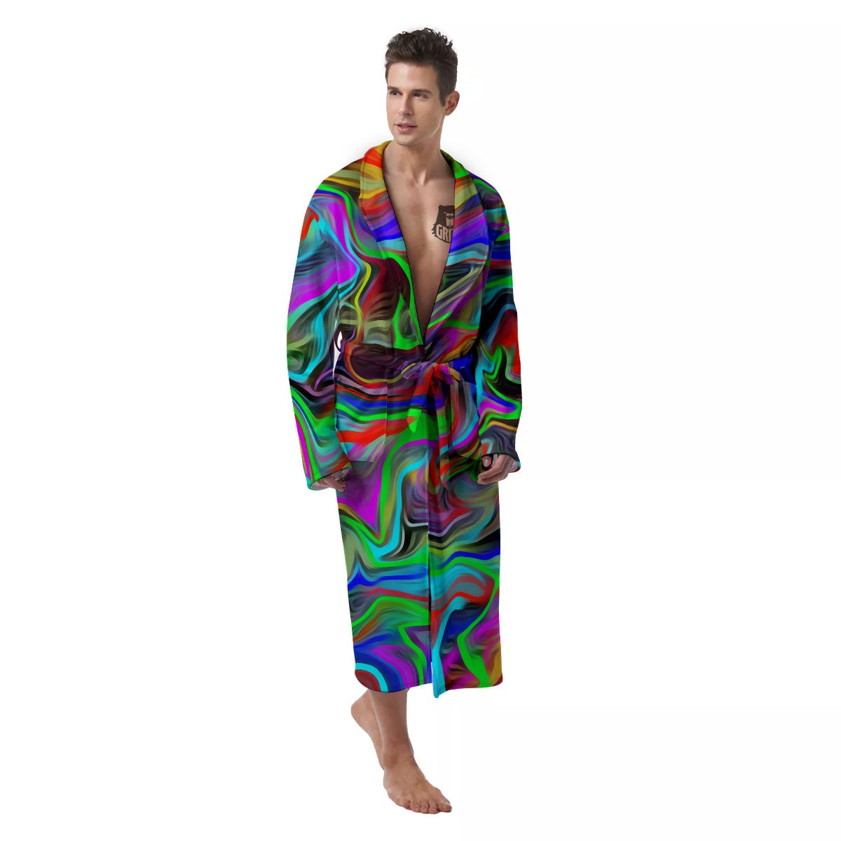 Psychedelic Trippy Neon Green Print Men's Robe-grizzshop