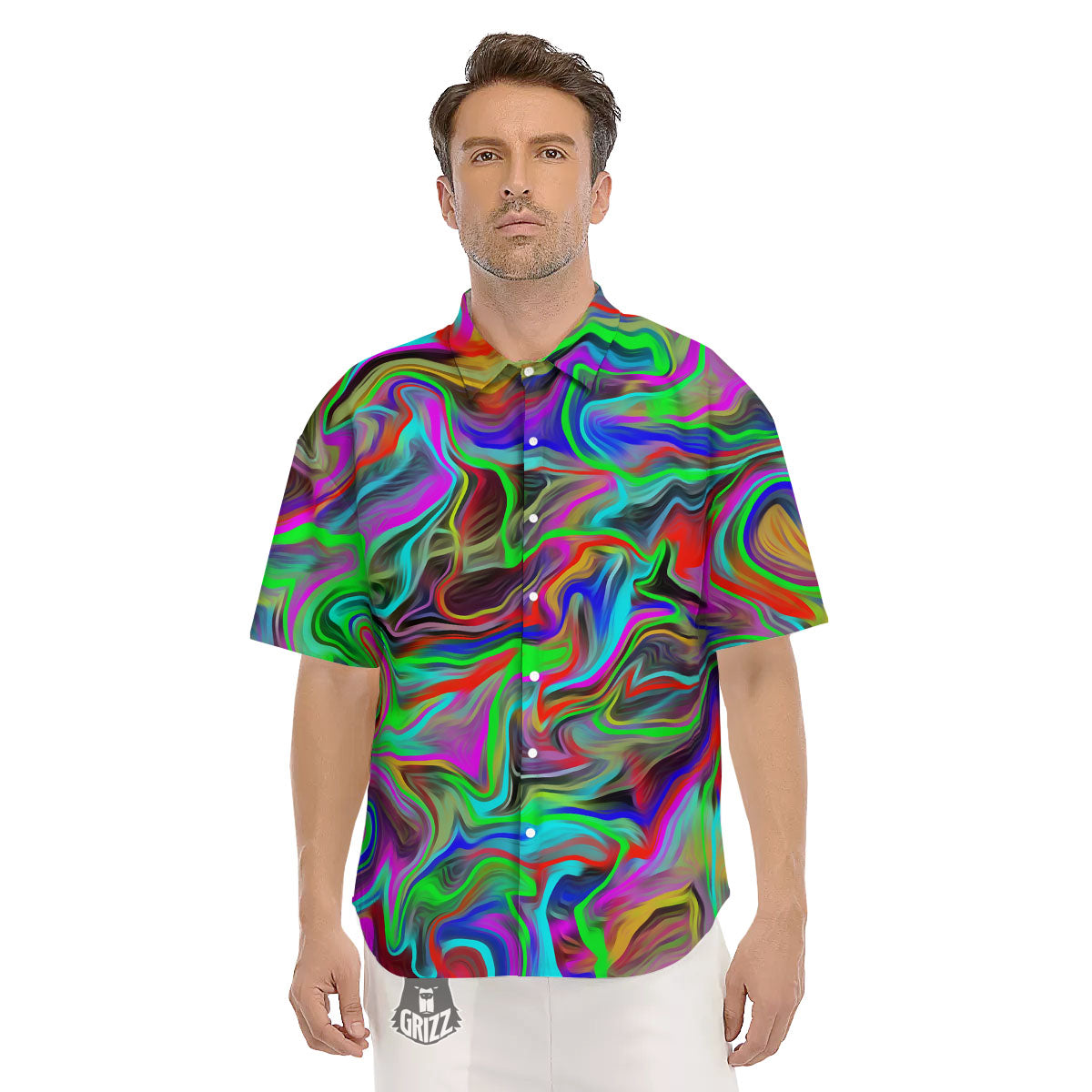 Psychedelic Trippy Neon Green Print Men's Short Sleeve Shirts-grizzshop