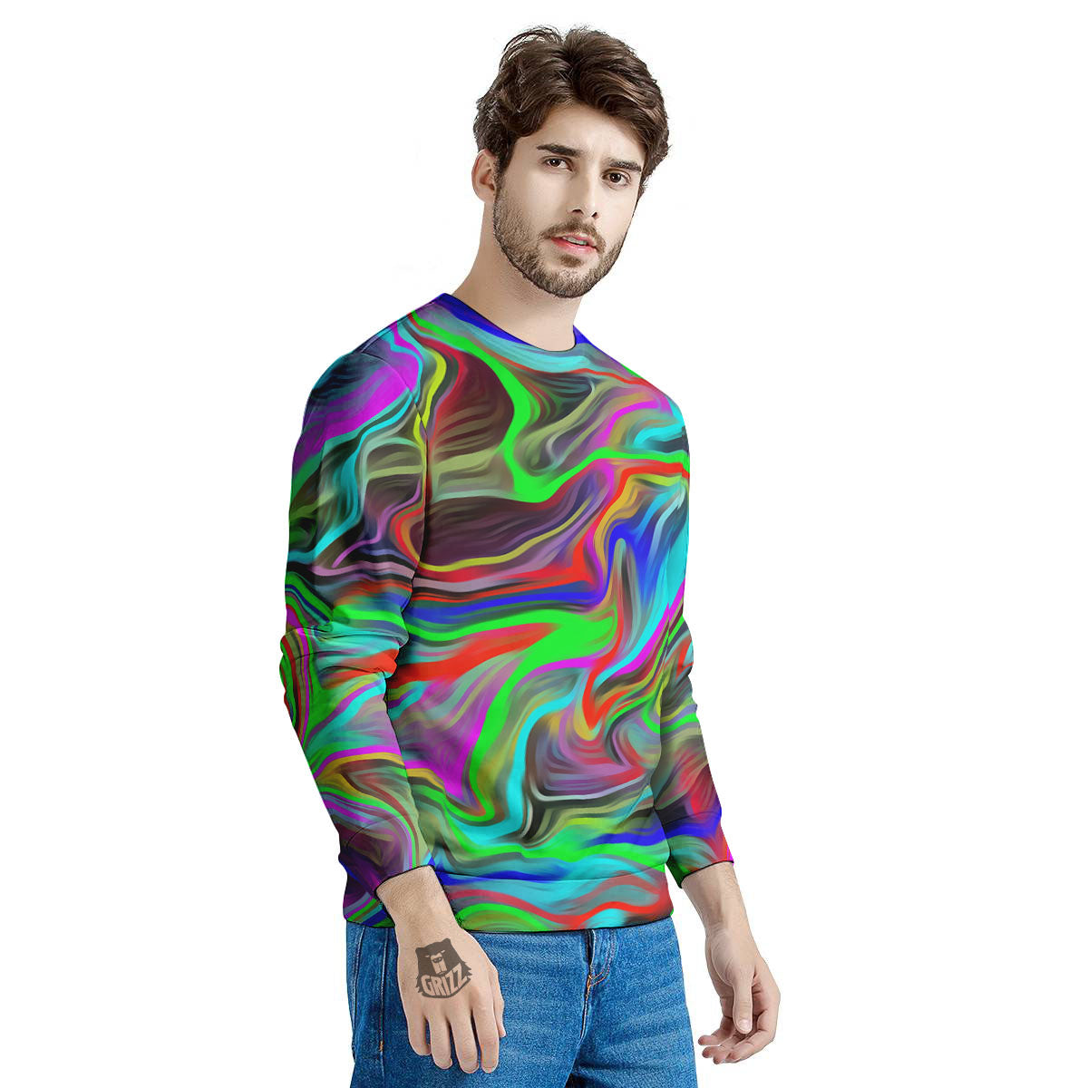 Psychedelic Trippy Neon Green Print Men's Sweatshirt-grizzshop