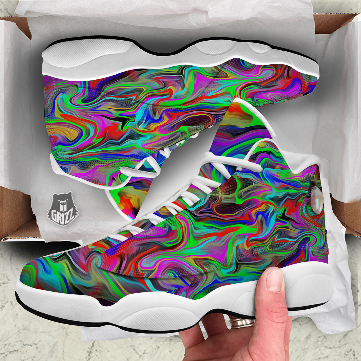 Psychedelic Trippy Neon Green Print White Basketball Shoes-grizzshop