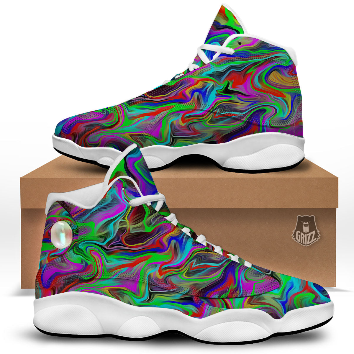 Psychedelic Trippy Neon Green Print White Basketball Shoes-grizzshop