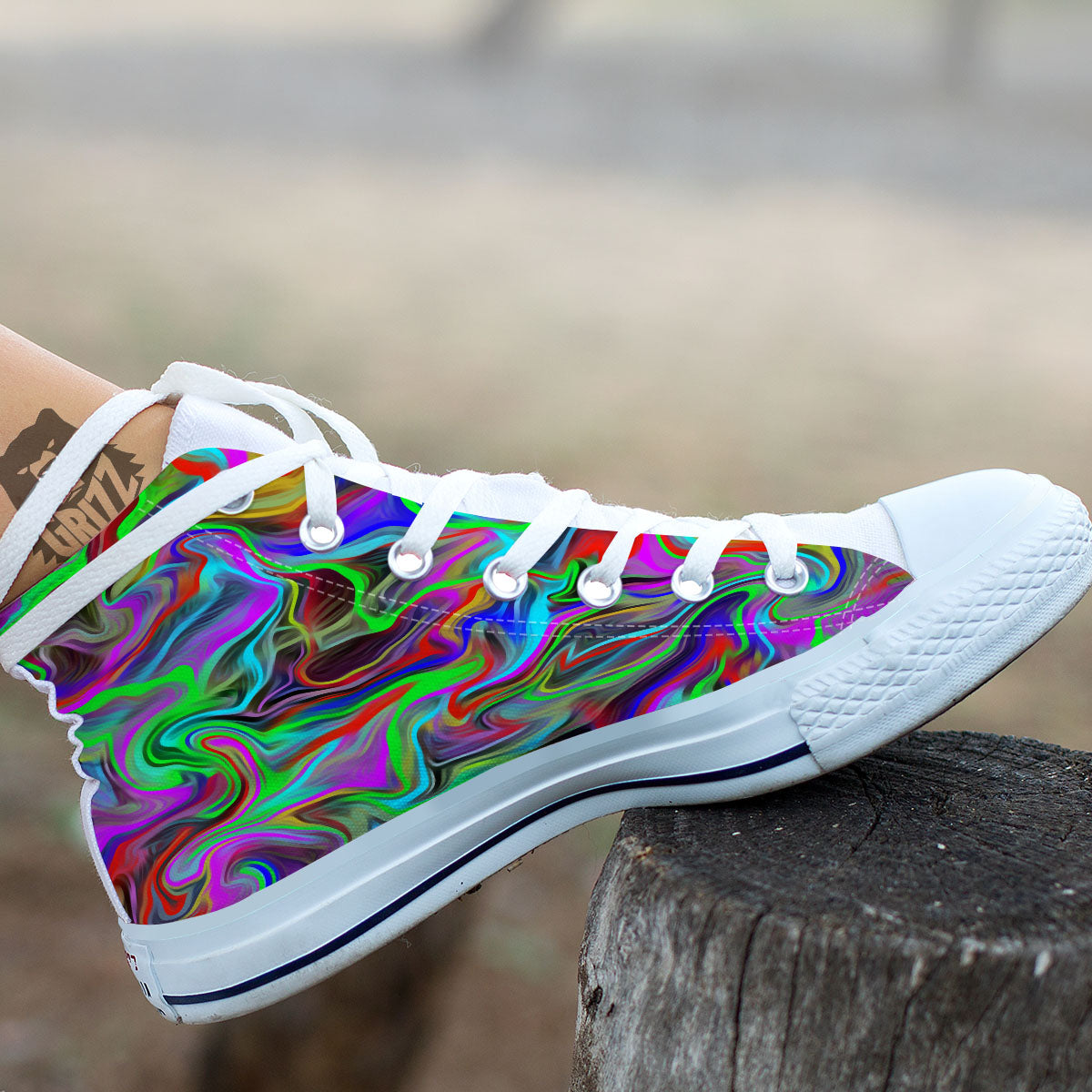 Psychedelic Trippy Neon Green Print White High Top Shoes-grizzshop