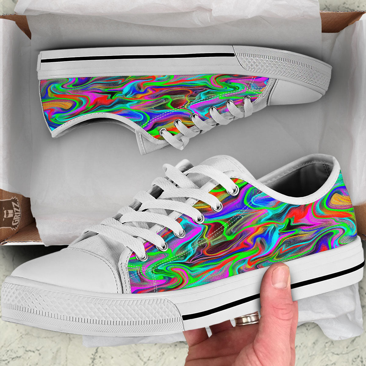 Psychedelic Trippy Neon Green Print White Low Top Shoes-grizzshop