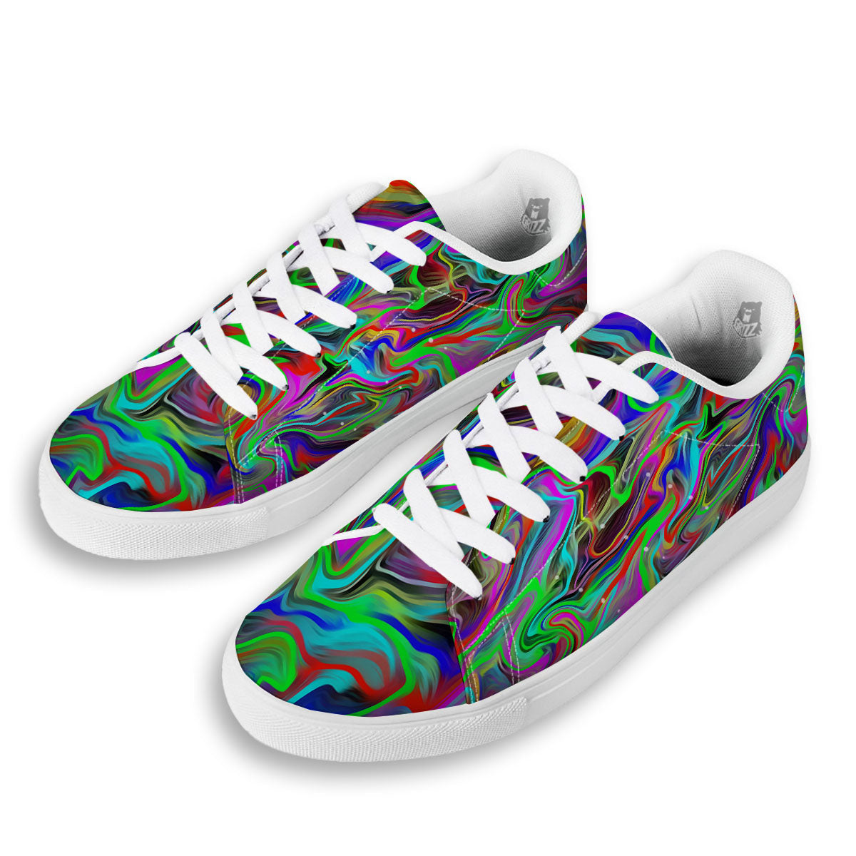 Psychedelic Trippy Neon Green Print White Low Top Sneakers-grizzshop