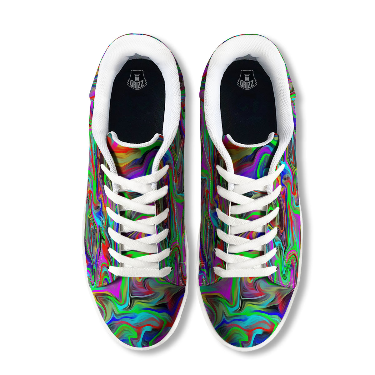 Psychedelic Trippy Neon Green Print White Low Top Sneakers-grizzshop