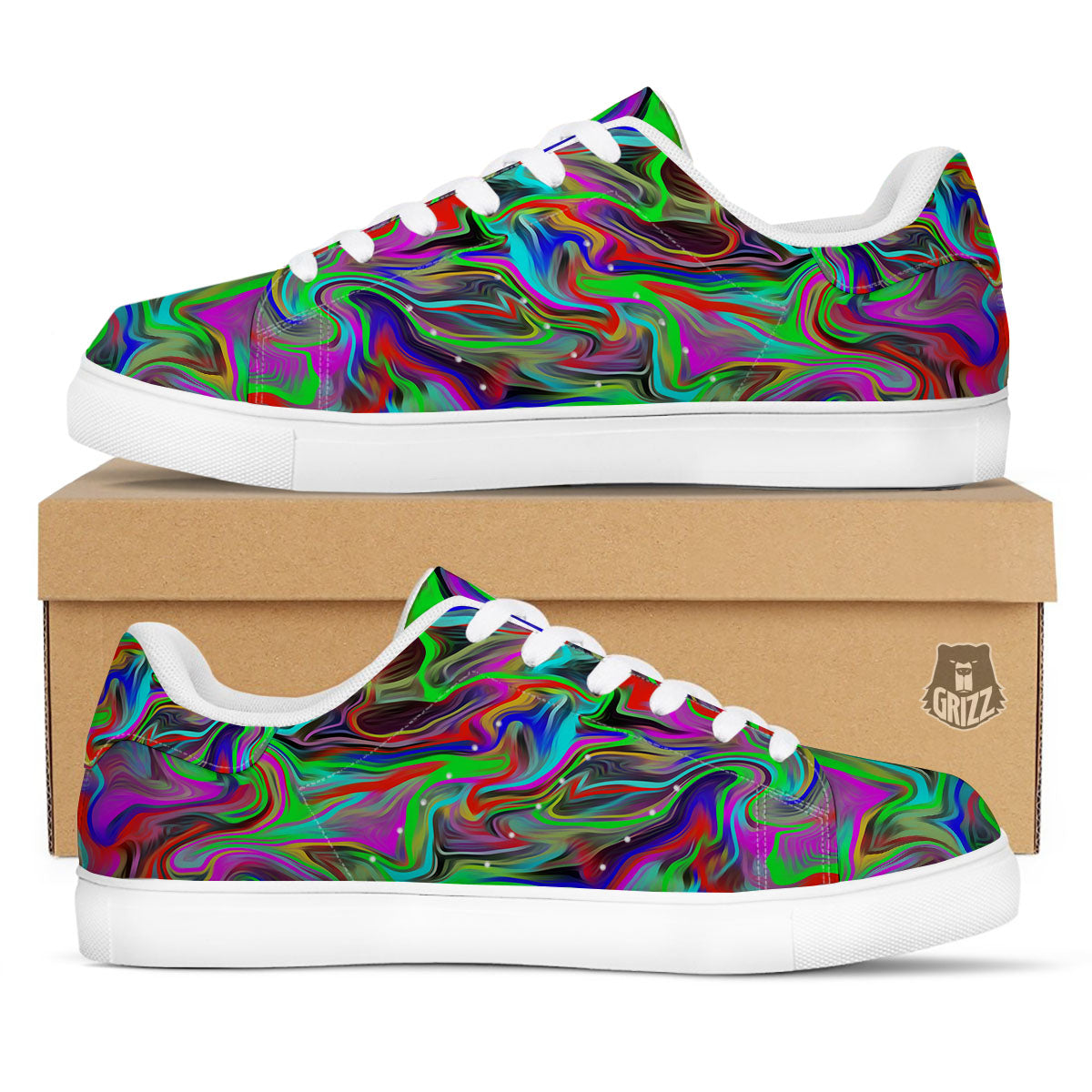 Psychedelic Trippy Neon Green Print White Low Top Sneakers-grizzshop