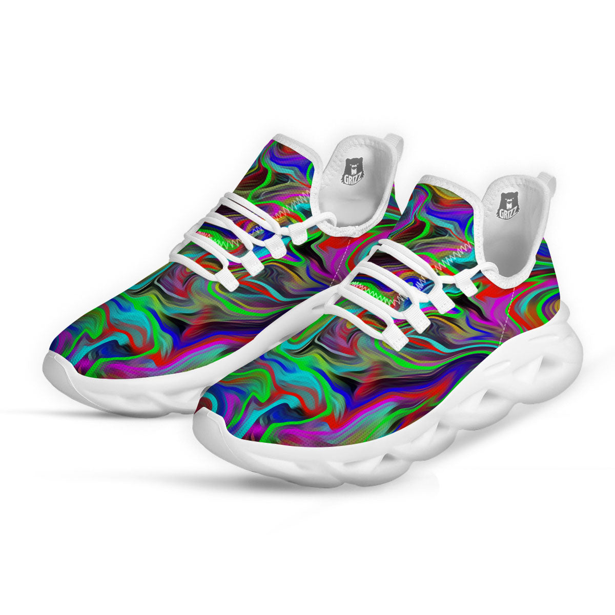 Psychedelic Trippy Neon Green Print White Running Shoes-grizzshop