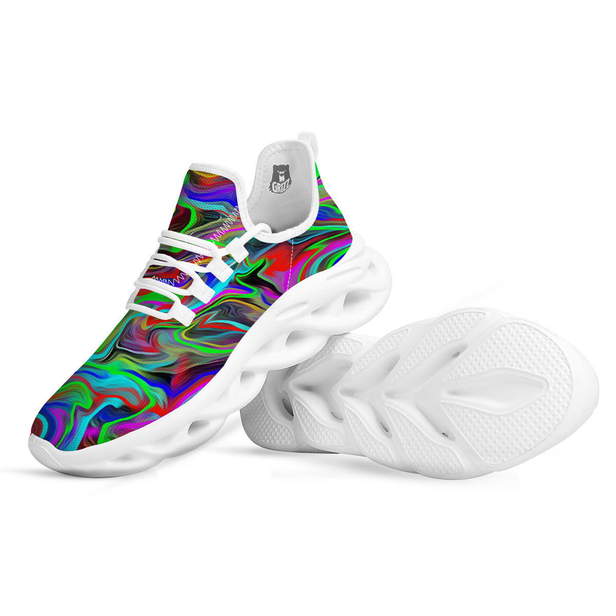 Psychedelic Trippy Neon Green Print White Running Shoes-grizzshop