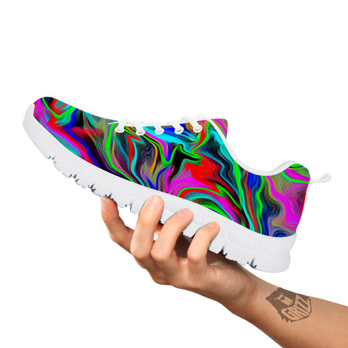 Psychedelic Trippy Neon Green Print White Sneaker-grizzshop