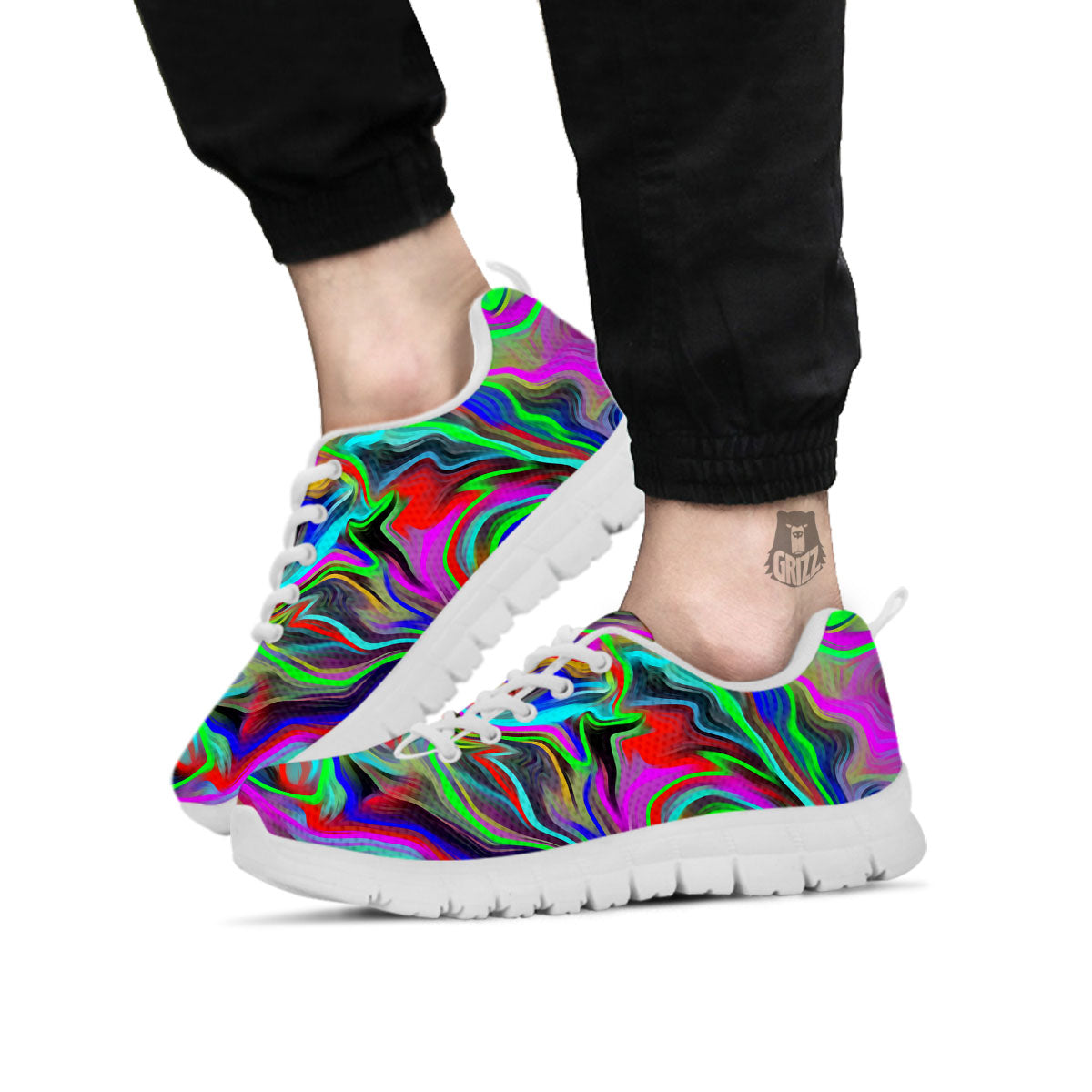 Psychedelic Trippy Neon Green Print White Sneaker-grizzshop