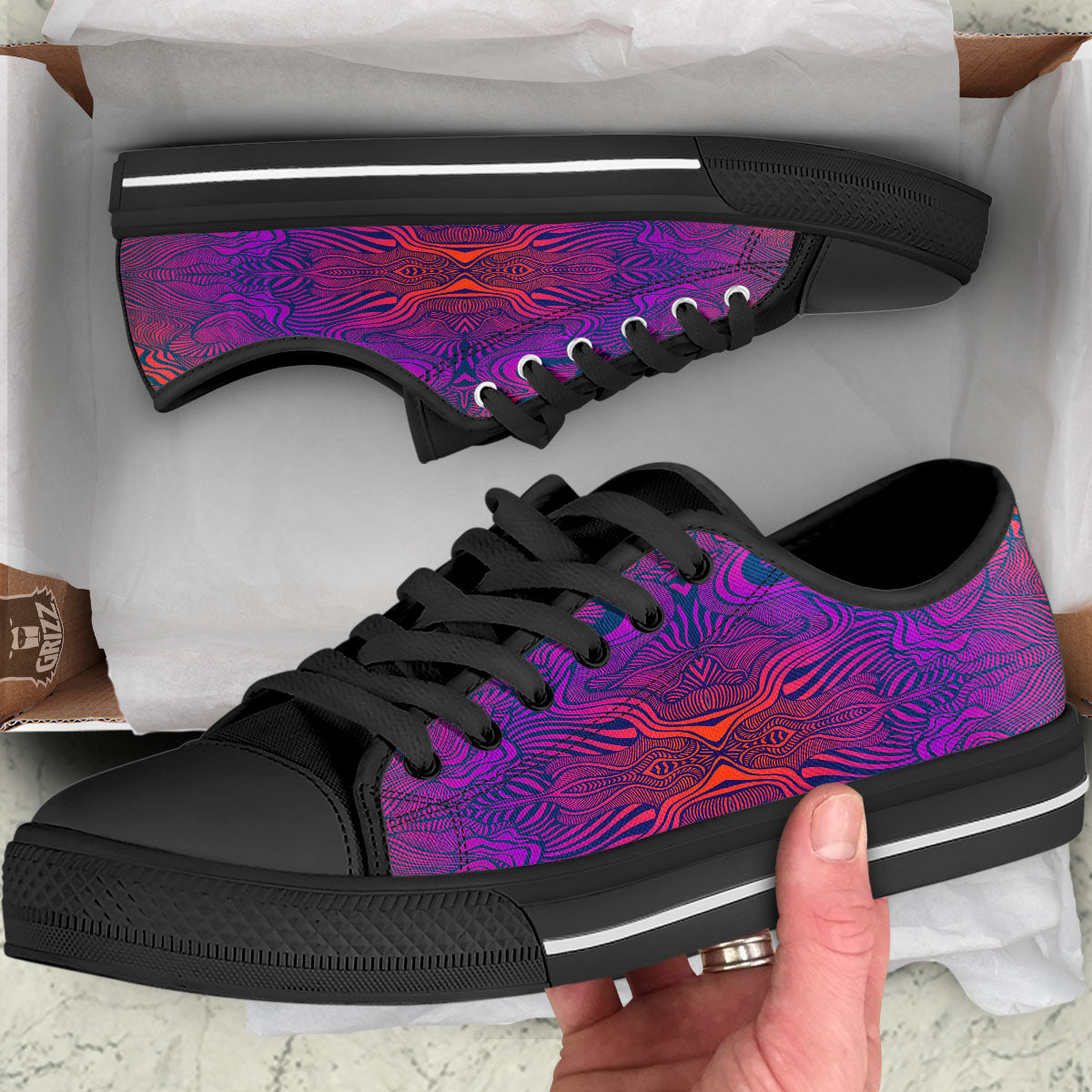 Psychedelic Trippy Ornament Print Black Low Top Shoes-grizzshop