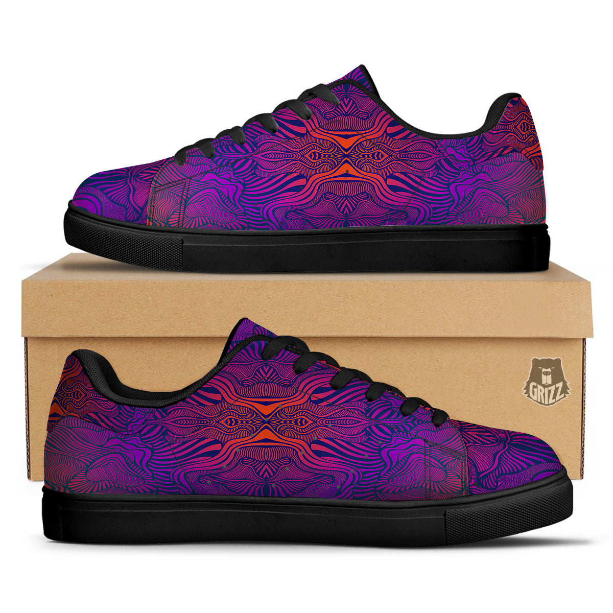 Psychedelic Trippy Ornament Print Black Low Top Sneakers-grizzshop