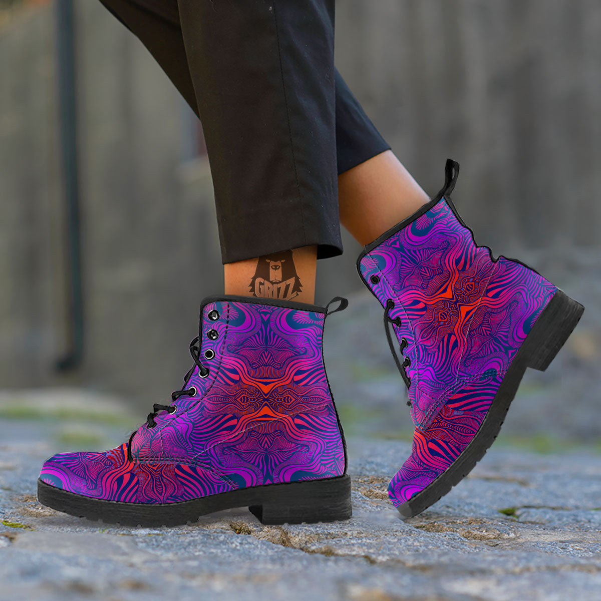 Psychedelic Trippy Ornament Print Leather Boots-grizzshop