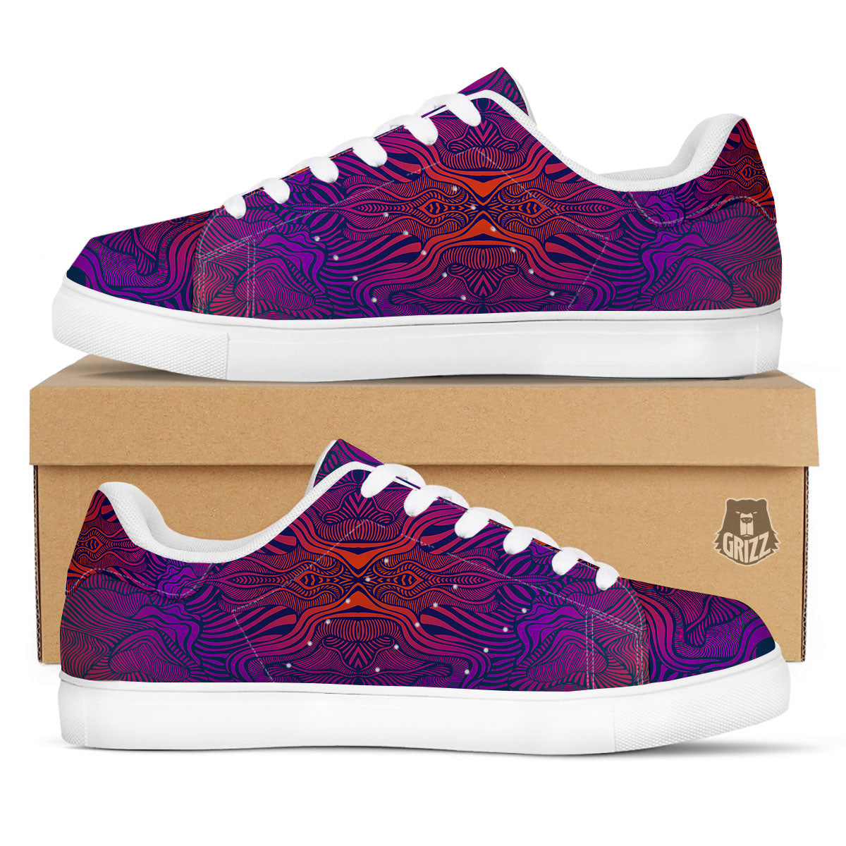 Psychedelic Trippy Ornament Print White Low Top Sneakers-grizzshop
