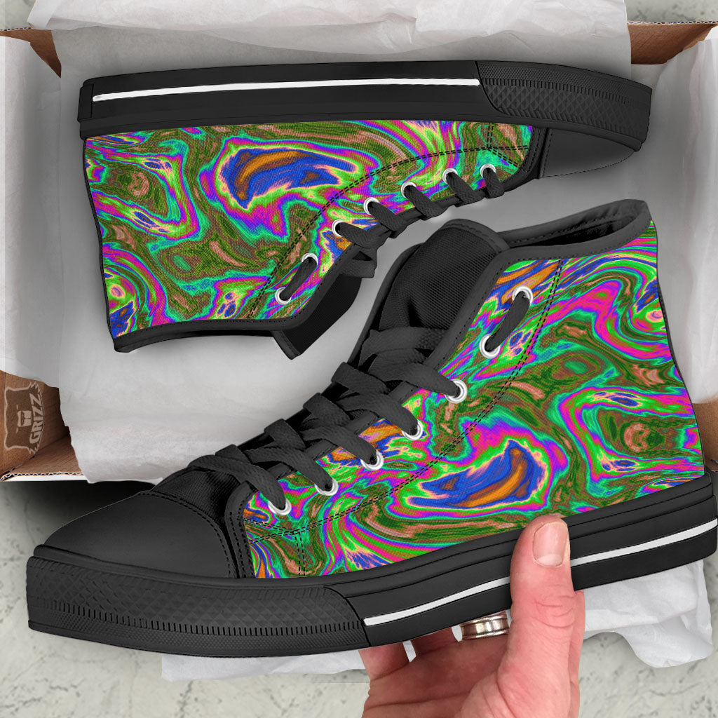 Psychedelic Trippy Purple Green Print Black High Top Shoes-grizzshop
