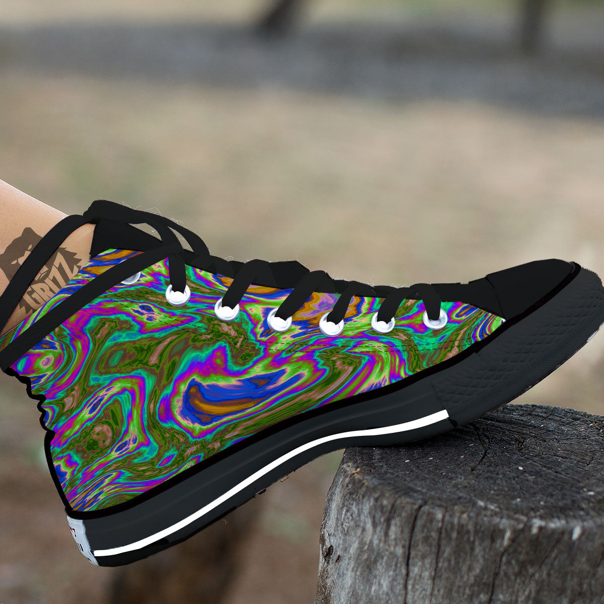 Psychedelic Trippy Purple Green Print Black High Top Shoes-grizzshop