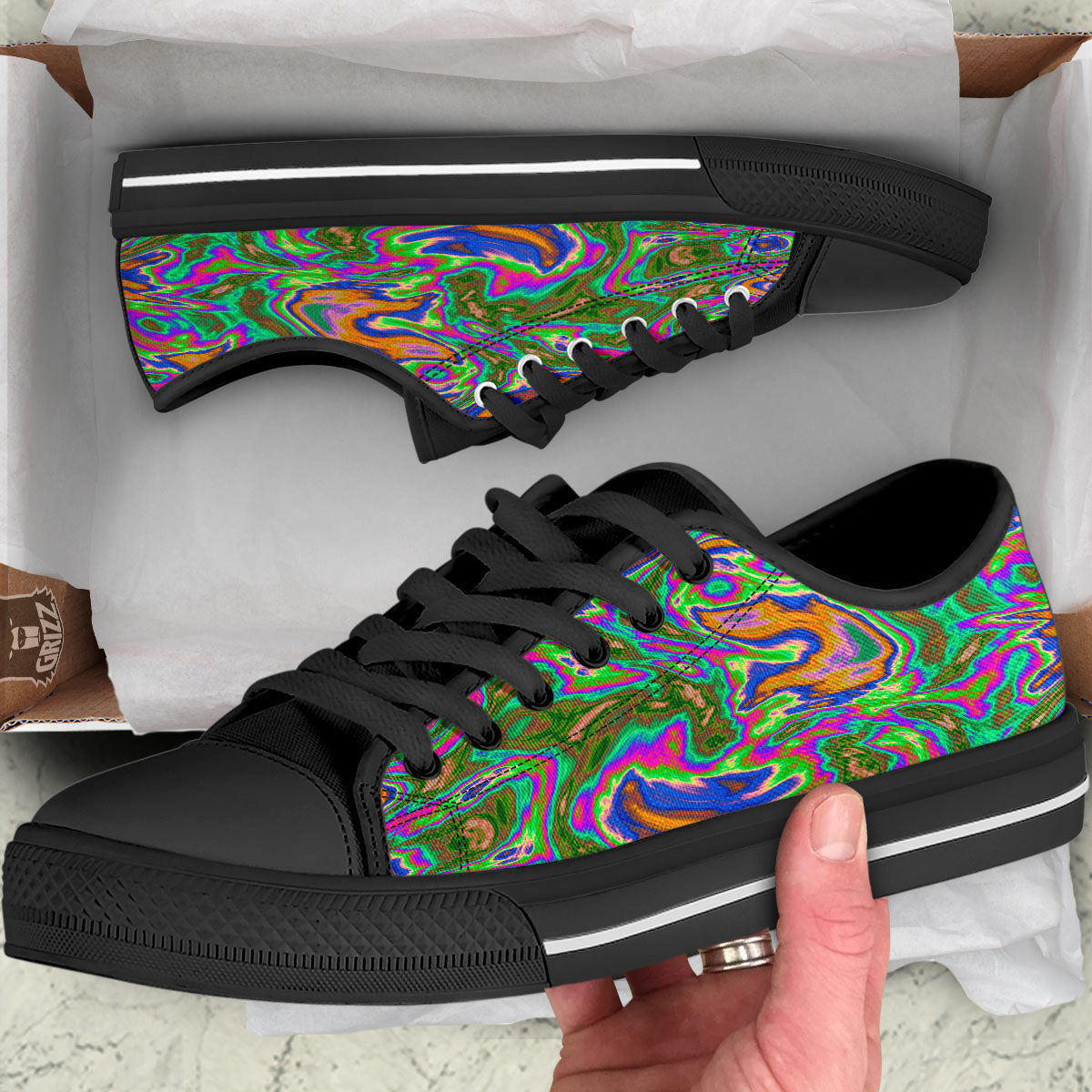 Psychedelic Trippy Purple Green Print Black Low Top Shoes-grizzshop
