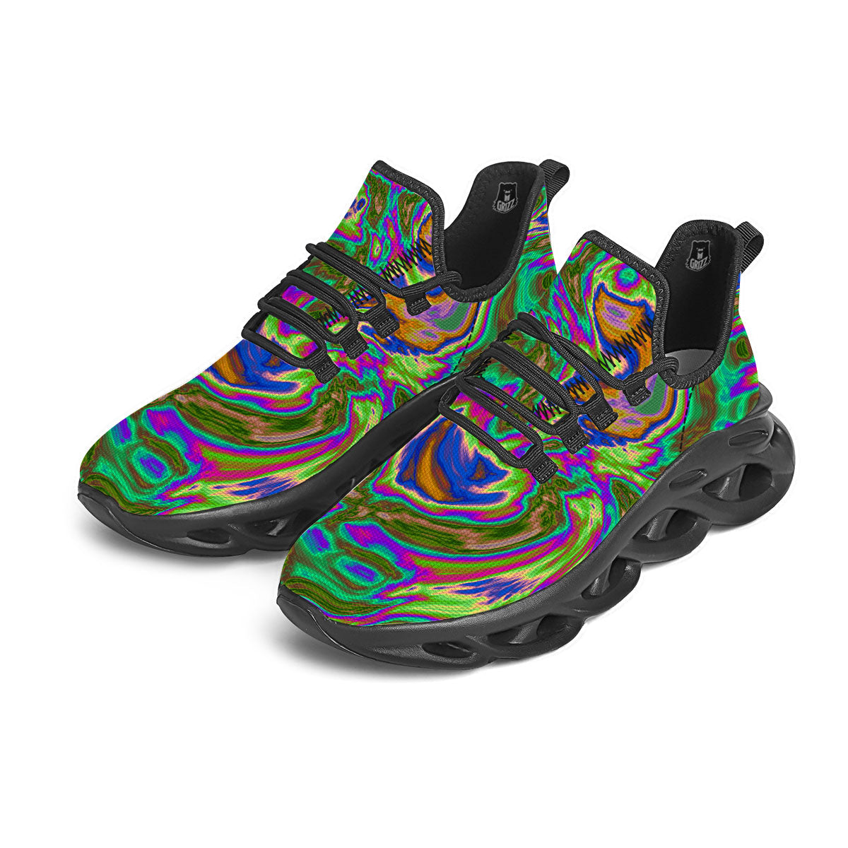 Psychedelic Trippy Purple Green Print Black Running Shoes-grizzshop