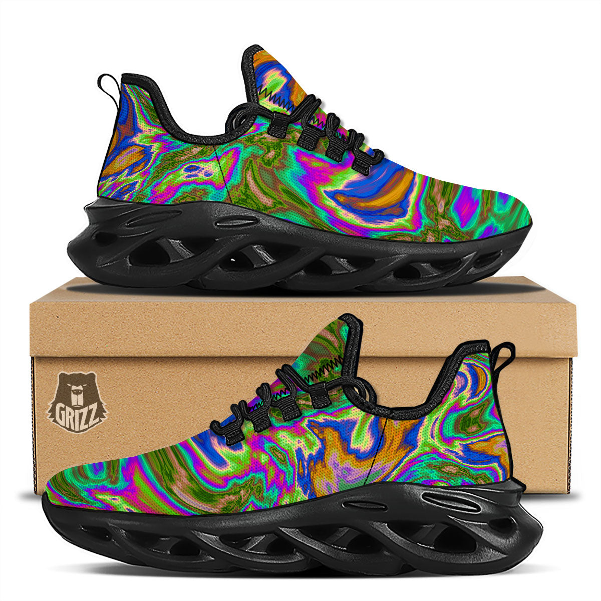 Psychedelic Trippy Purple Green Print Black Running Shoes-grizzshop