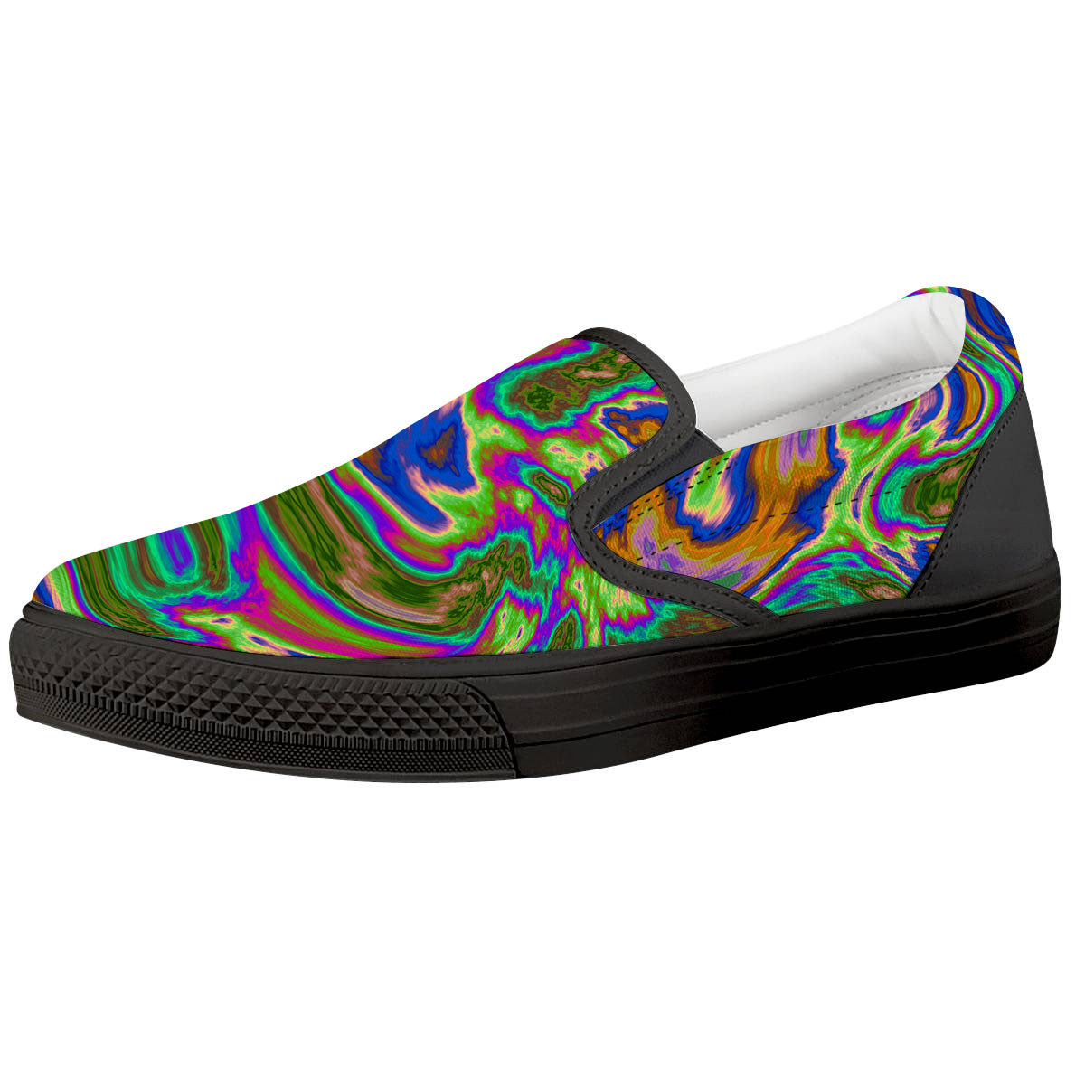 Psychedelic Trippy Purple Green Print Black Slip On Shoes-grizzshop