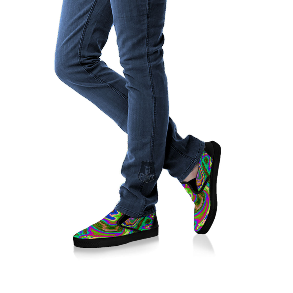 Psychedelic Trippy Purple Green Print Black Slip On Shoes-grizzshop