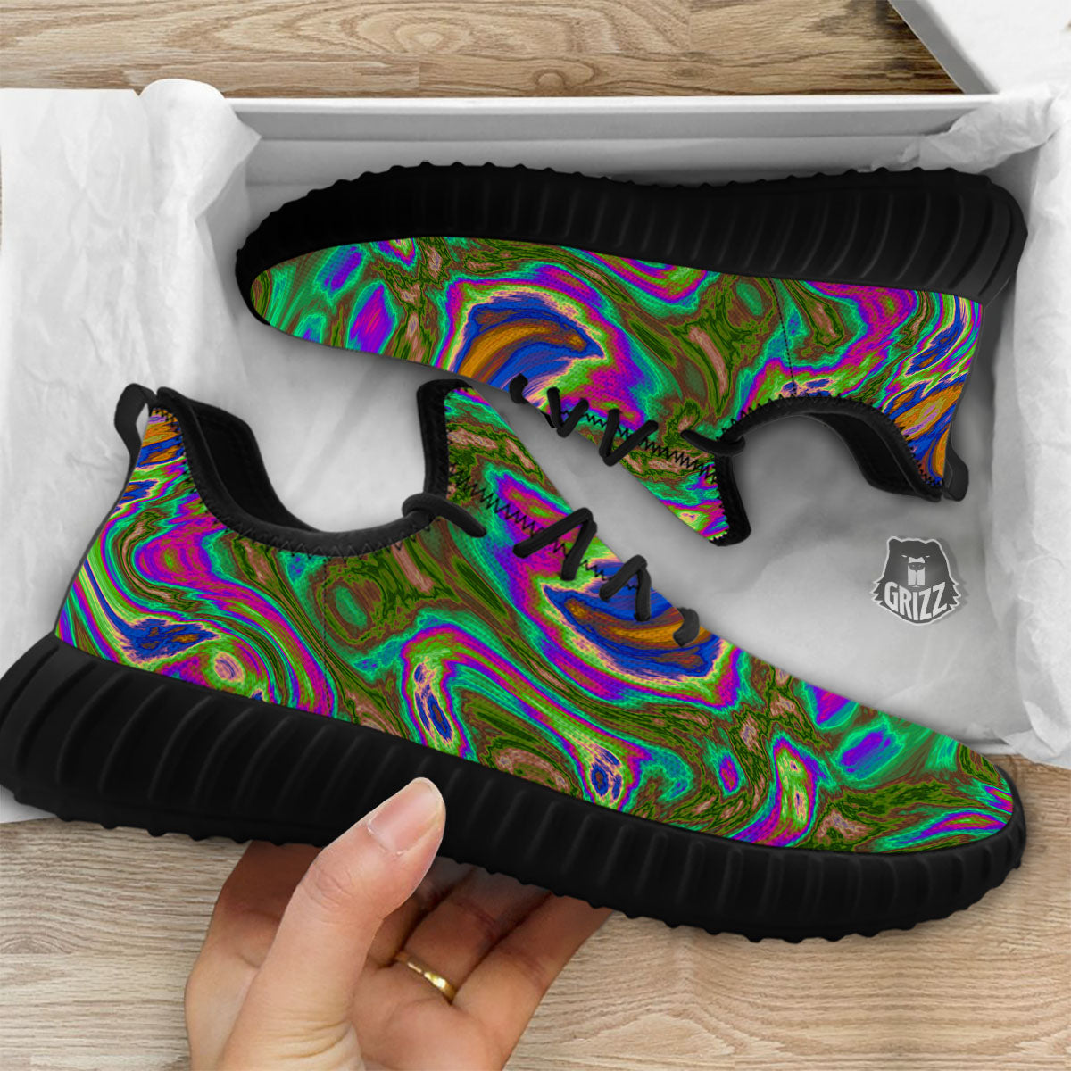 Psychedelic Trippy Purple Green Print Black Walking Shoes-grizzshop