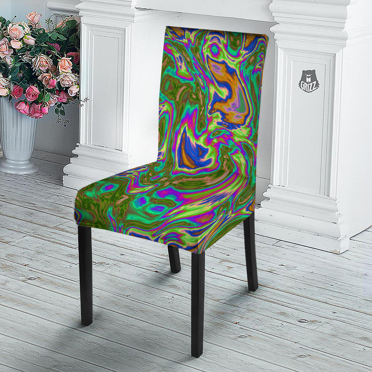 Psychedelic Trippy Purple Green Print Dining Chair Slipcover-grizzshop