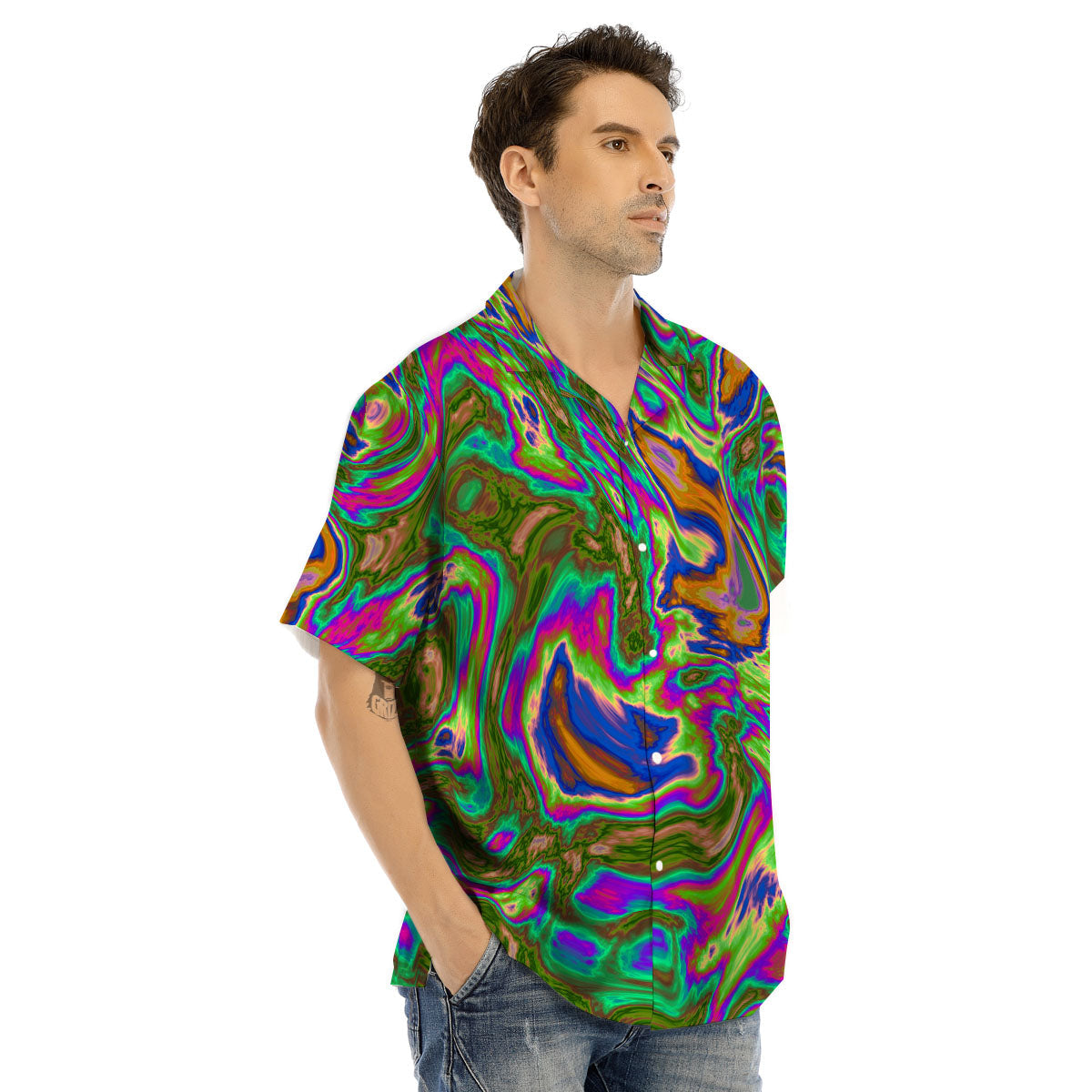 Psychedelic Trippy Purple Green Print Men's Hawaiian Shirt-grizzshop