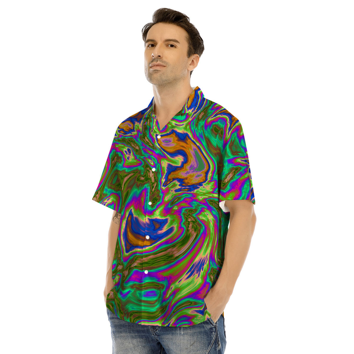 Psychedelic Trippy Purple Green Print Men's Hawaiian Shirt-grizzshop