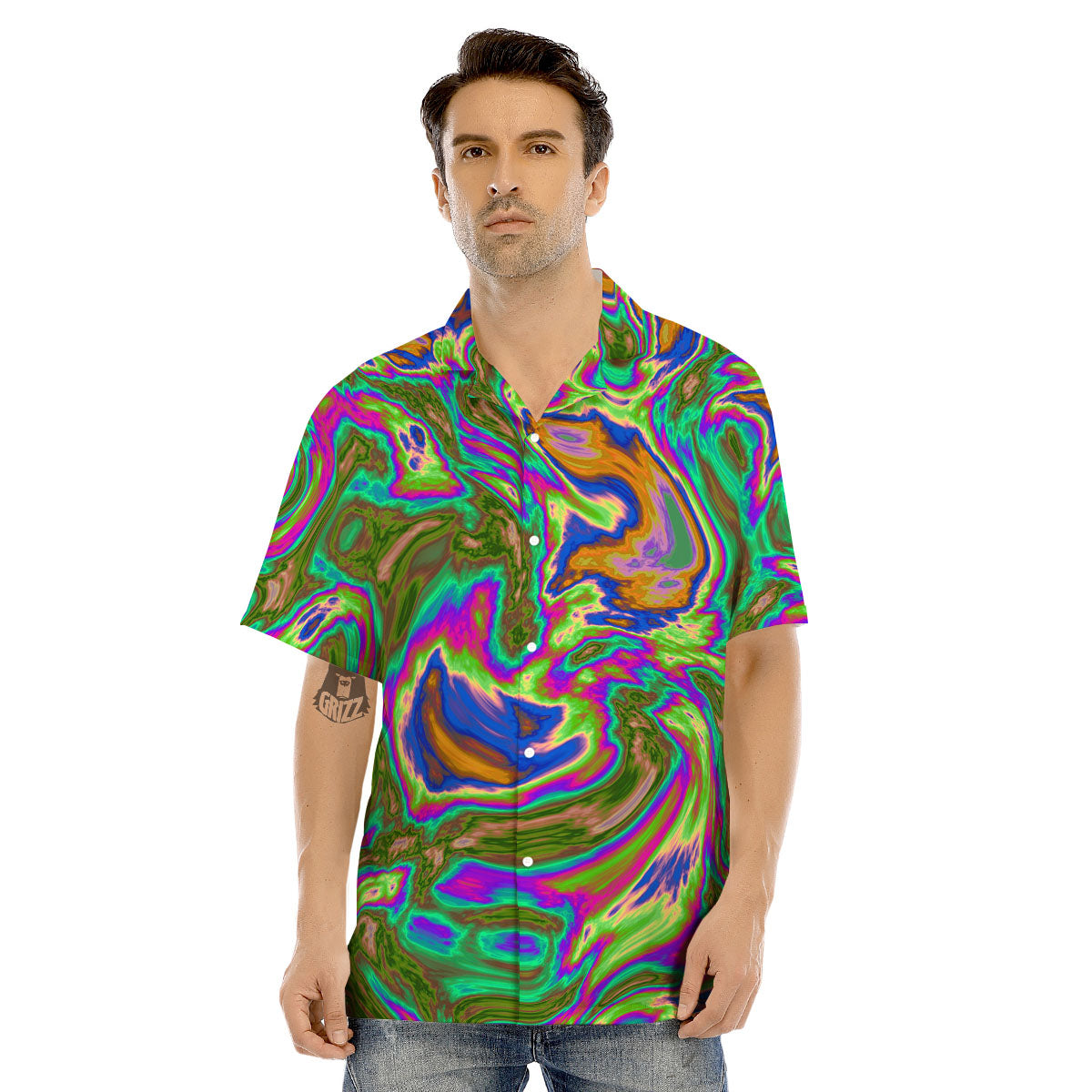 Psychedelic Trippy Purple Green Print Men's Hawaiian Shirt-grizzshop
