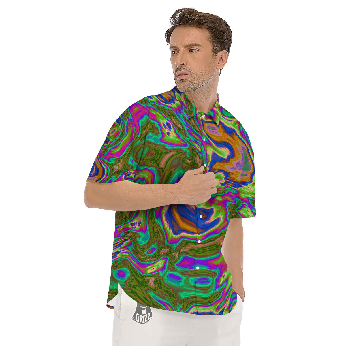 Psychedelic Trippy Purple Green Print Men's Short Sleeve Shirts-grizzshop