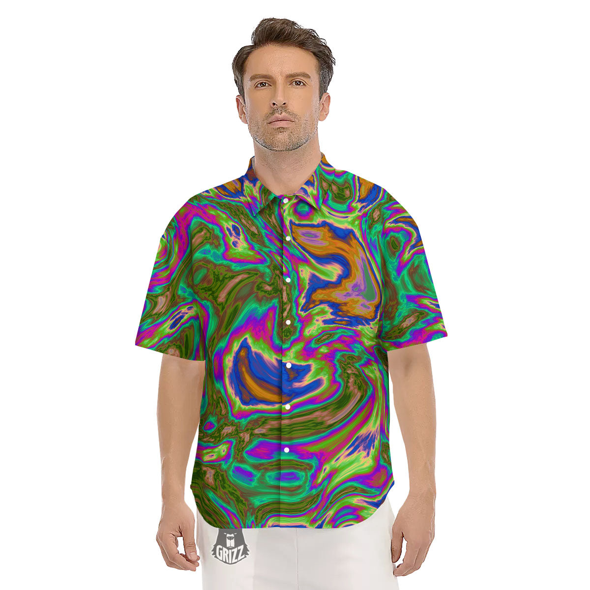 Psychedelic Trippy Purple Green Print Men's Short Sleeve Shirts-grizzshop