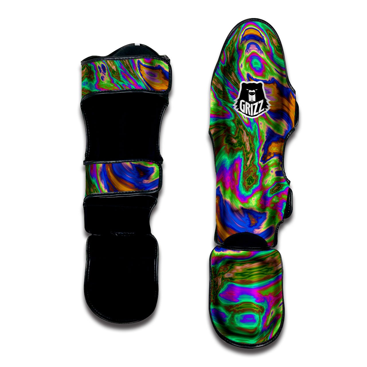 Psychedelic Trippy Purple Green Print Muay Thai Shin Guards-grizzshop