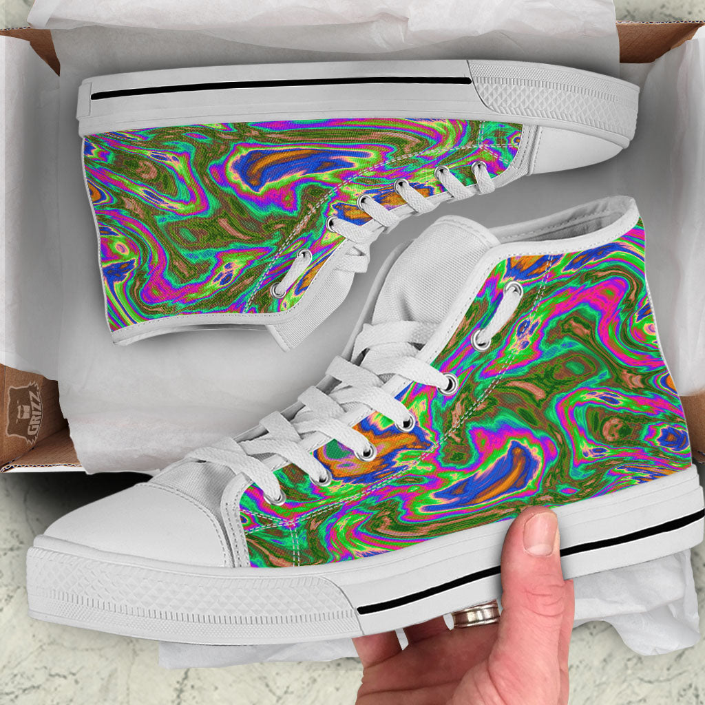 Psychedelic Trippy Purple Green Print White High Top Shoes-grizzshop