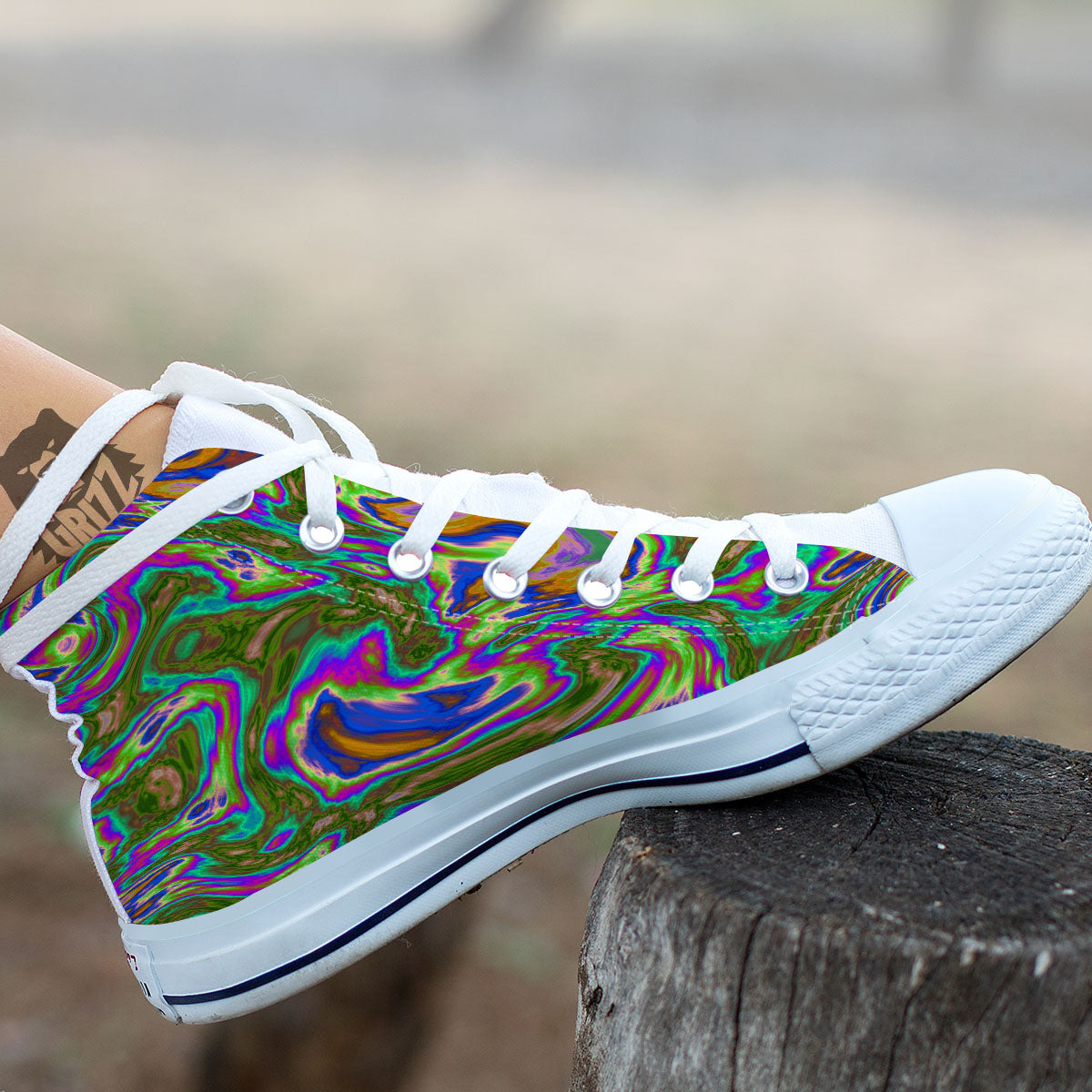 Psychedelic Trippy Purple Green Print White High Top Shoes-grizzshop