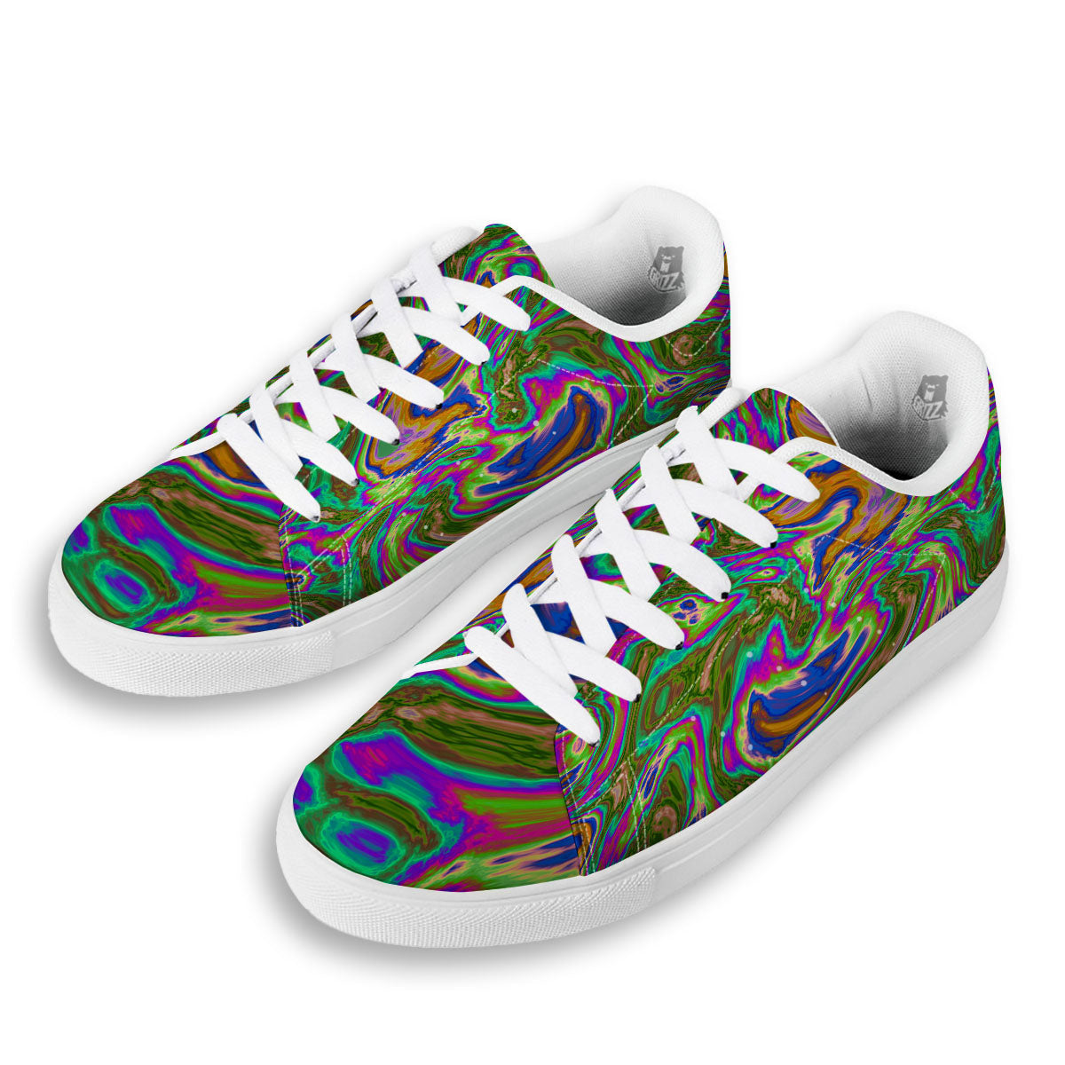 Psychedelic Trippy Purple Green Print White Low Top Sneakers-grizzshop