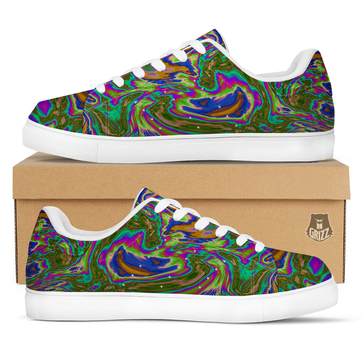 Psychedelic Trippy Purple Green Print White Low Top Sneakers-grizzshop