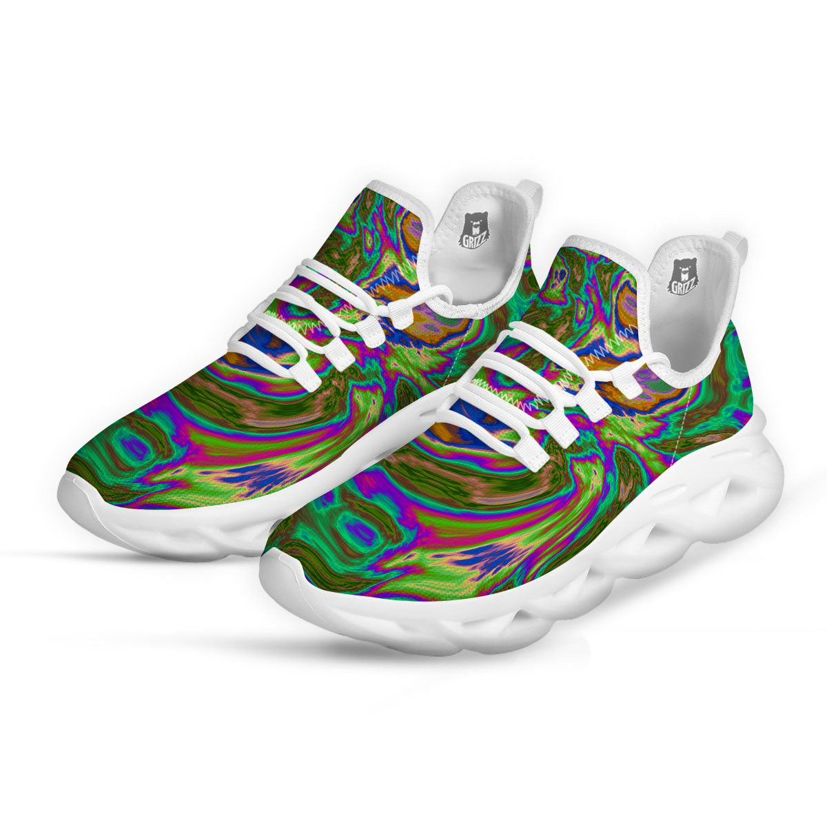 Psychedelic Trippy Purple Green Print White Running Shoes-grizzshop