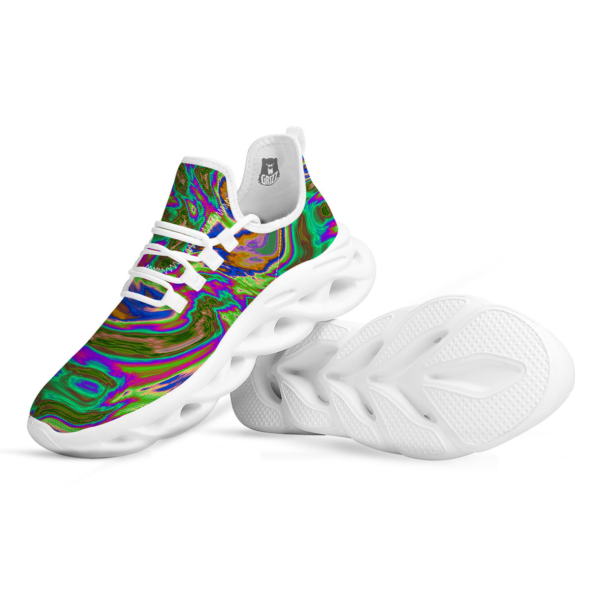 Psychedelic Trippy Purple Green Print White Running Shoes-grizzshop