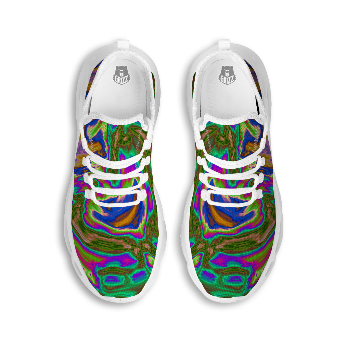 Psychedelic Trippy Purple Green Print White Running Shoes-grizzshop