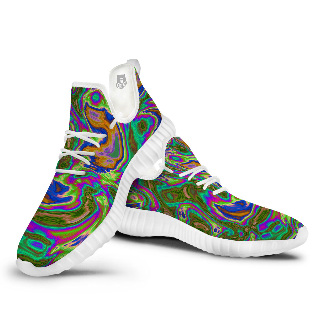 Psychedelic Trippy Purple Green Print White Walking Shoes-grizzshop