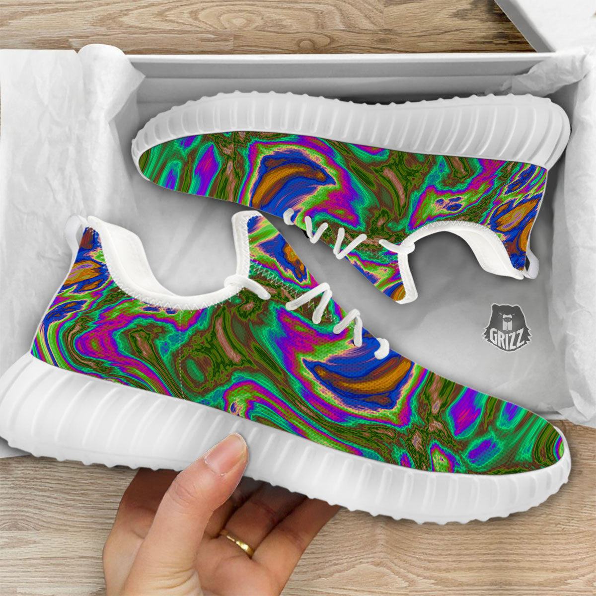 Psychedelic Trippy Purple Green Print White Walking Shoes-grizzshop