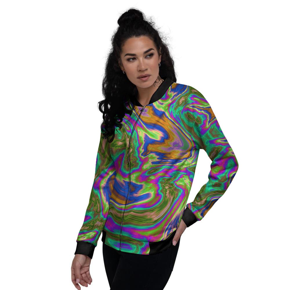 Psychedelic Trippy Purple Green Print Women's Bomber Jacket-grizzshop