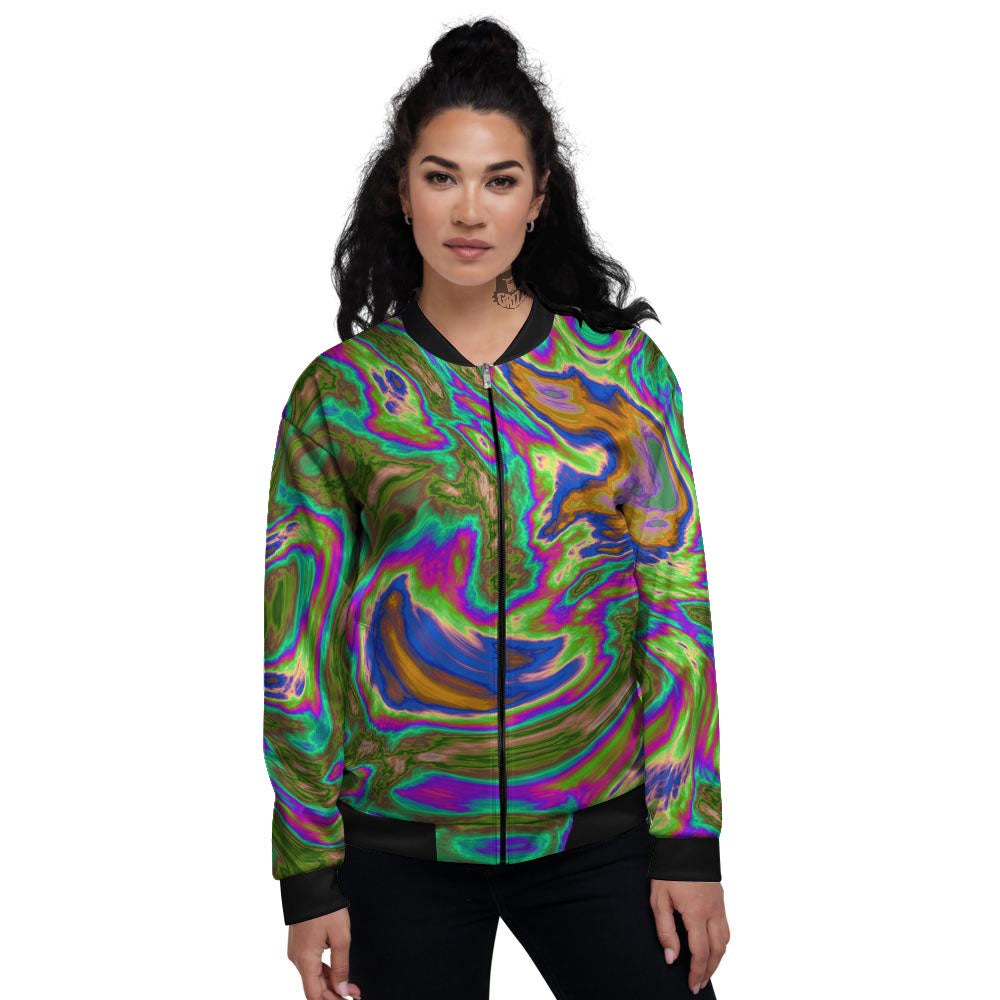 Psychedelic Trippy Purple Green Print Women's Bomber Jacket-grizzshop