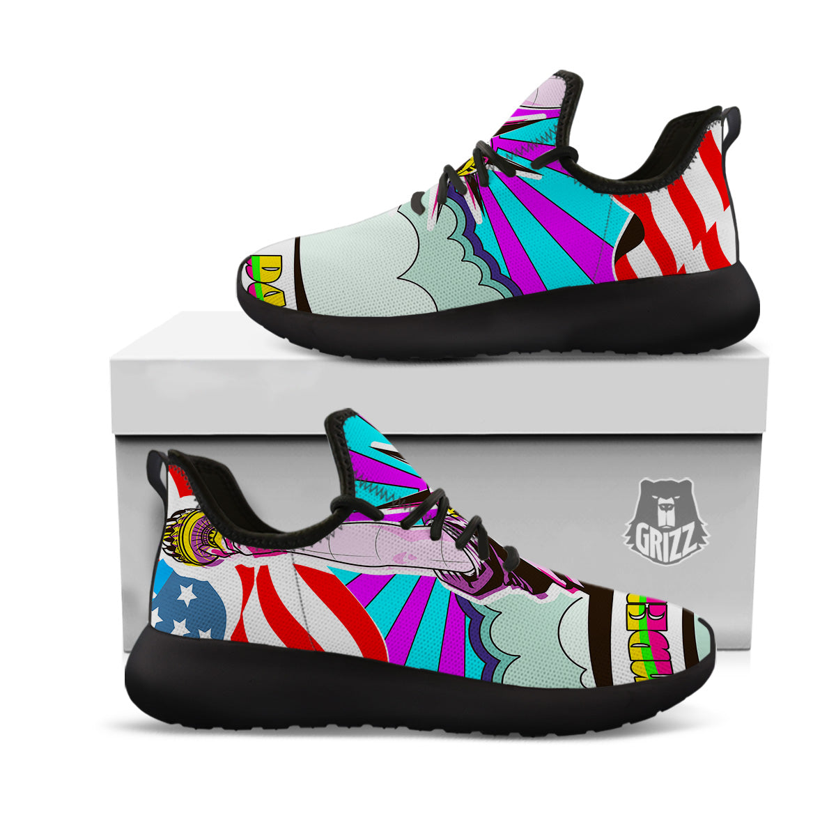 Psychedelic USA Statue of Liberty Independence Day Print Black Athletic Shoes-grizzshop