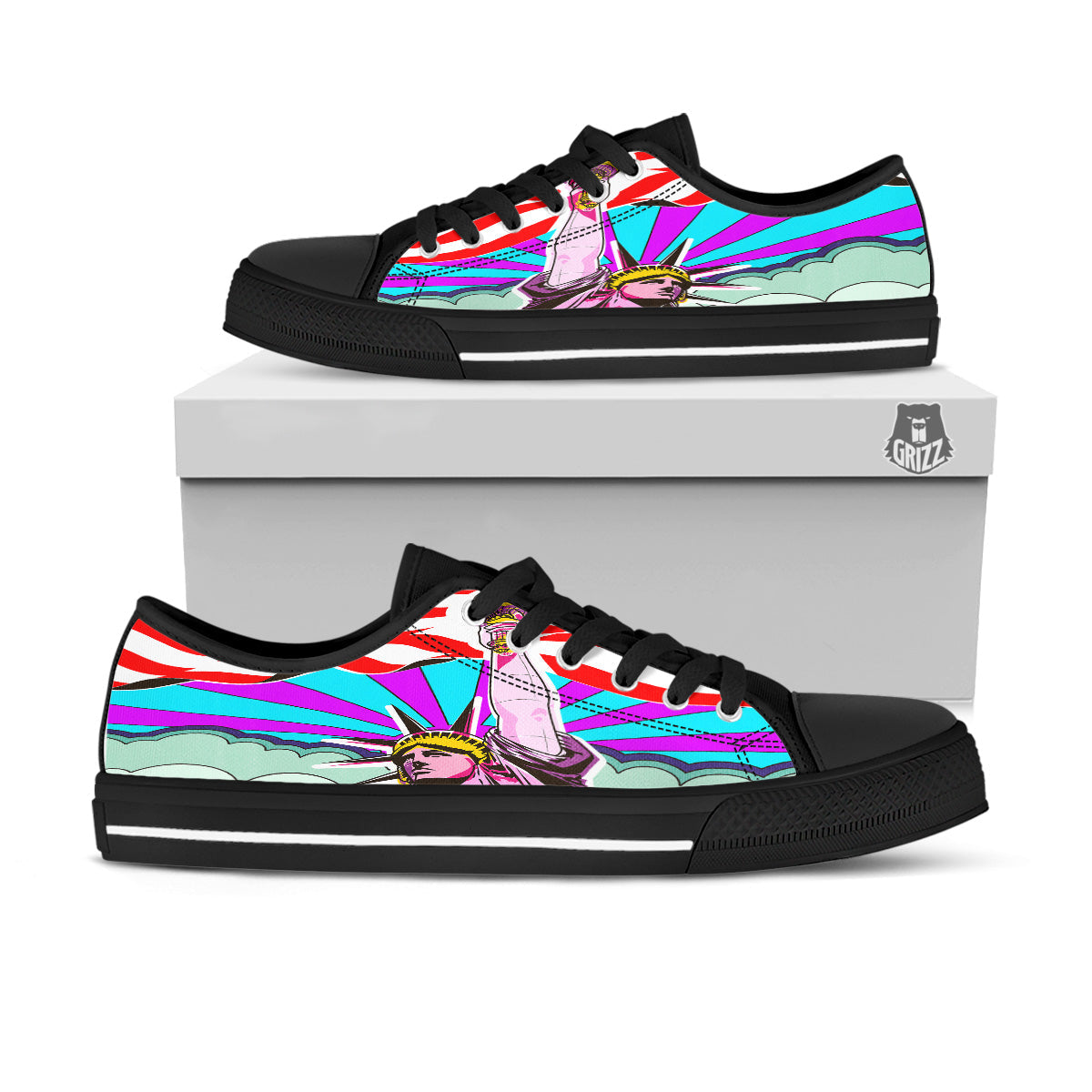 Psychedelic USA Statue of Liberty Independence Day Print Black Low Top Shoes-grizzshop