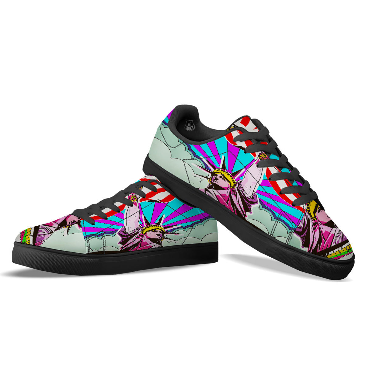 Psychedelic USA Statue of Liberty Independence Day Print Black Low Top Sneakers-grizzshop